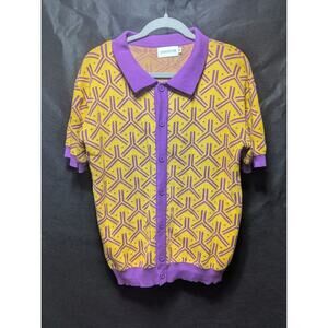OXKNIT Men Retro style knitted Button down polo shirt yellow and purple size M